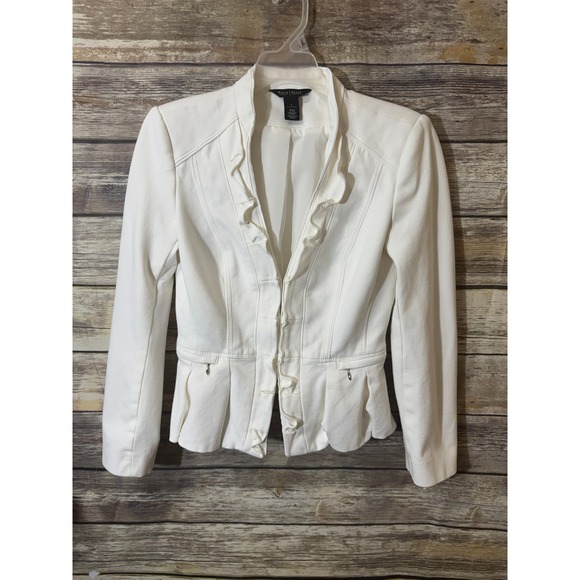 White House Black Market Ivory Ruffle Peplum Blazer Jacket Size 4 Hook Eye - Picture 2 of 6